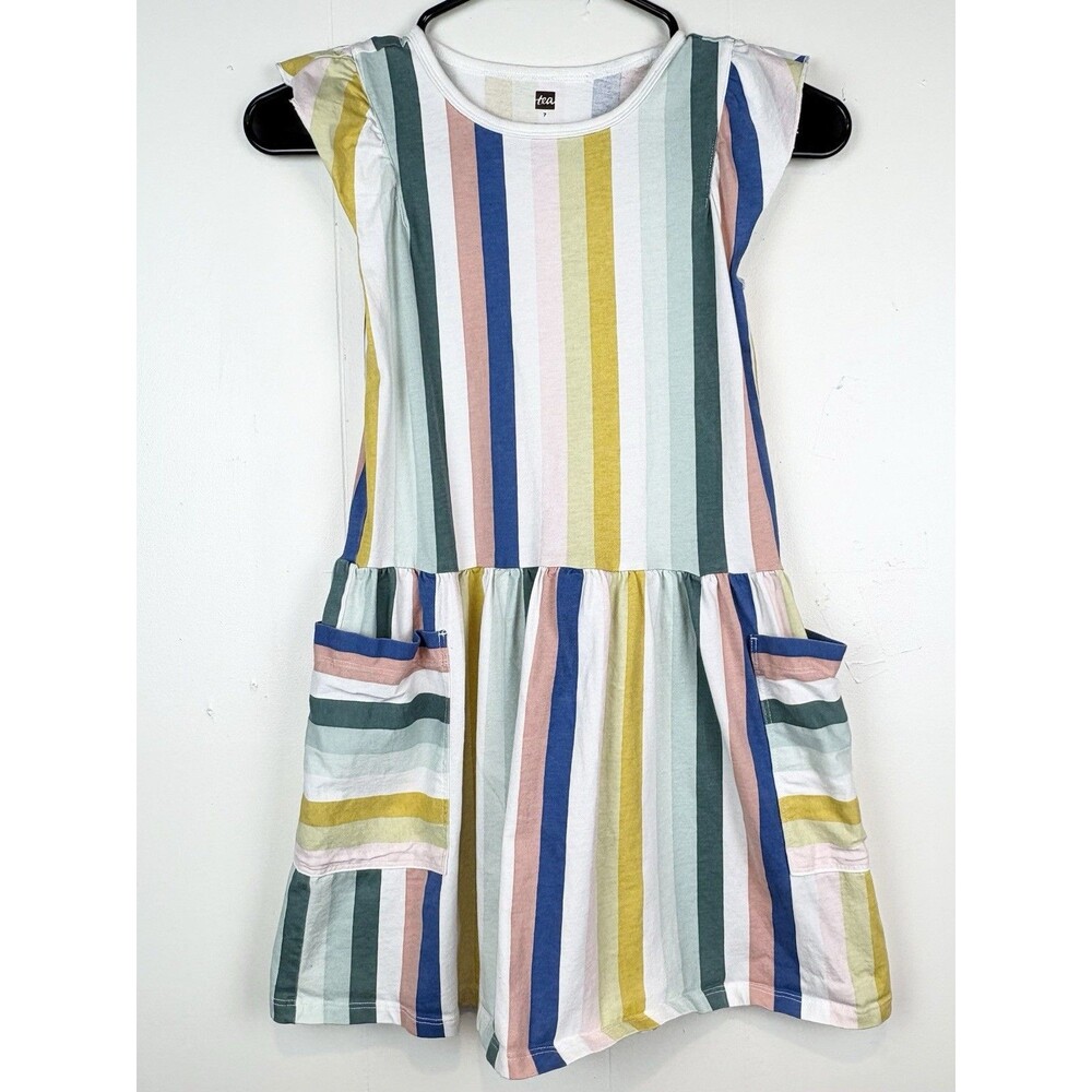 Tea Collection Dress Sz 7 Striped Summer Drop Waist Sleeveless Pockets Colorful